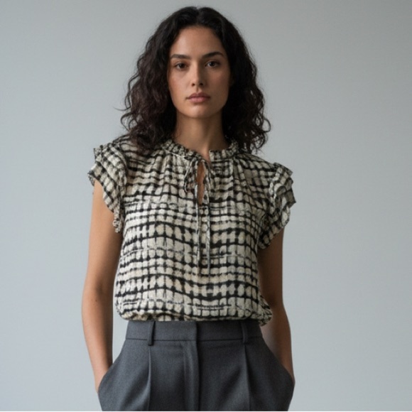 Women’s Anne Klein Abstract-Print Split-Neck Flutter-Sleeve Top Large - Picture 2 of 15